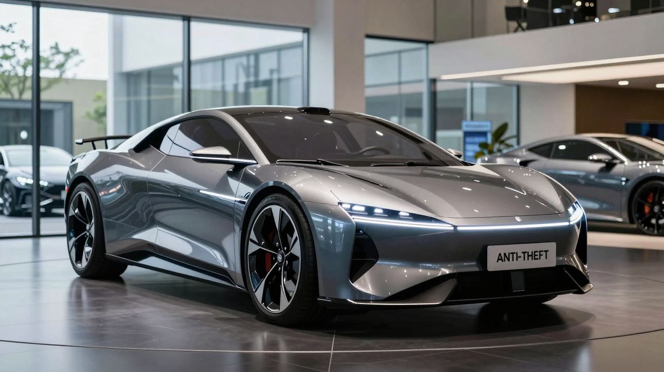 Carro esportivo elétrico cinza em exibição dentro de showroom moderno com iluminação natural.