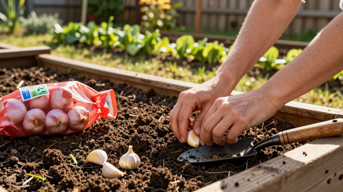 Mãos plantando dentes de alho em cama de terra preparada com enxada pequena ao lado.