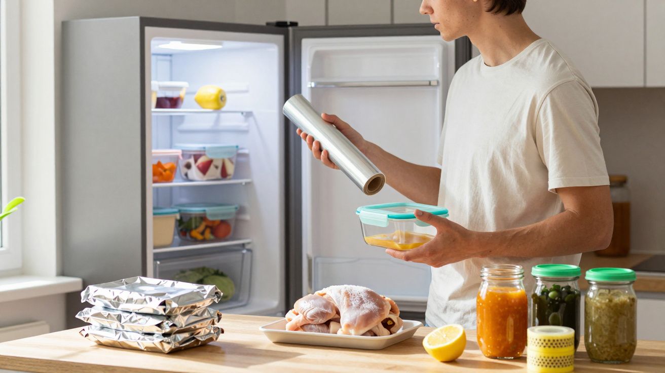 Pessoa usando filme plástico para conservar alimentos na cozinha com geladeira aberta ao fundo.