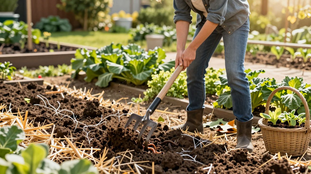 Pessoa usando roupa jeans e botas revolvendo a terra do jardim com um garfo de jardim.