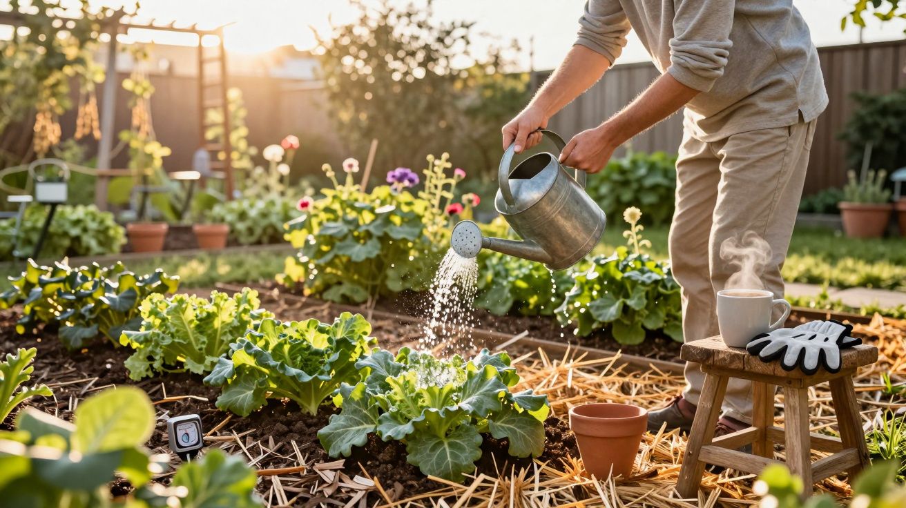 Pessoa regando plantas em jardim com regador metálico ao entardecer, com café e luvas sobre banquinho.