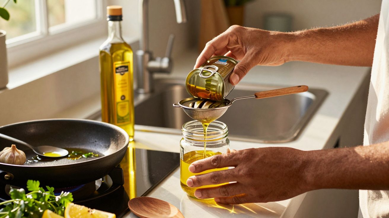 Pessoa coando azeite de oliva em pote de vidro na cozinha iluminada por luz natural.