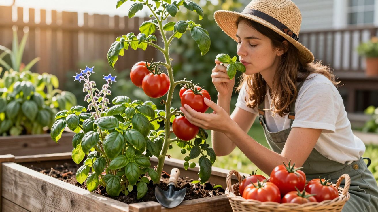 Mulher colhendo tomates em canteiro elevado com cesta cheia de tomates vermelhos maduros.