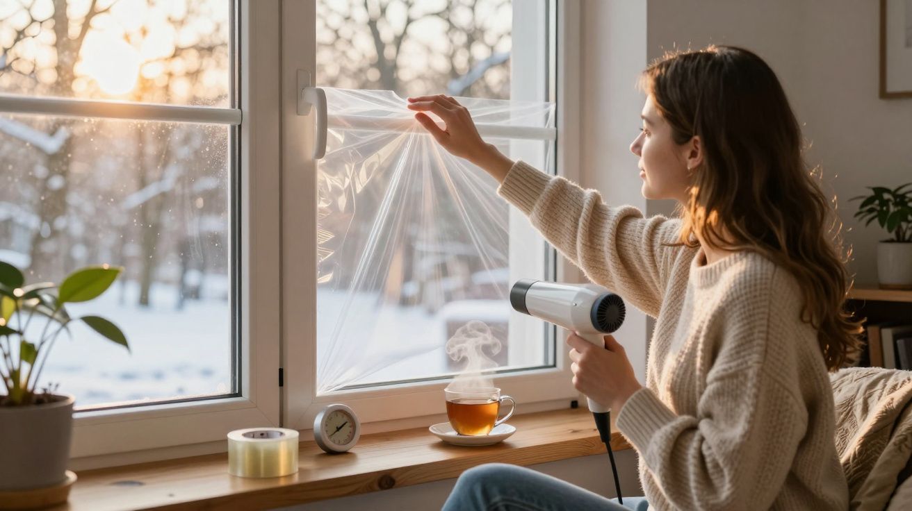 Mulher aplicando filme plástico em janela para isolamento térmico durante inverno, com chá quente ao lado.