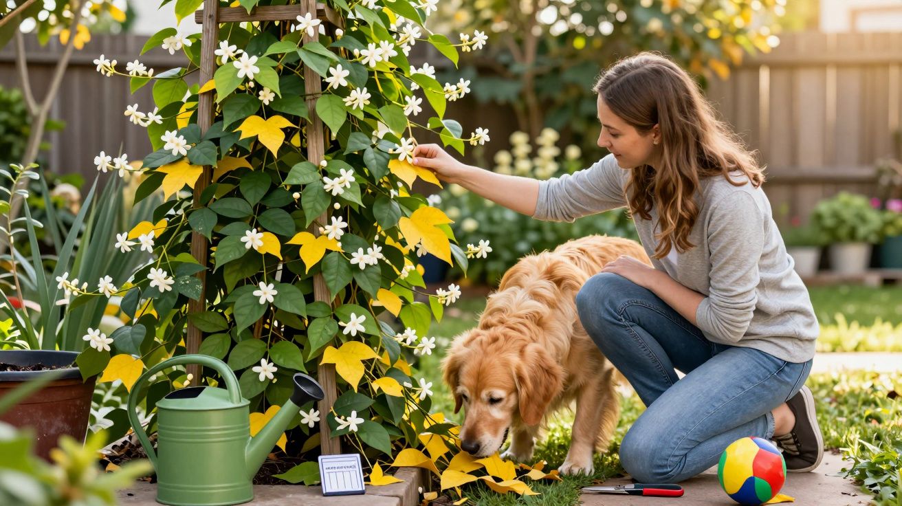 Mulher mexendo em planta florida enquanto cachorro dourado cheira folhas em jardim ensolarado.