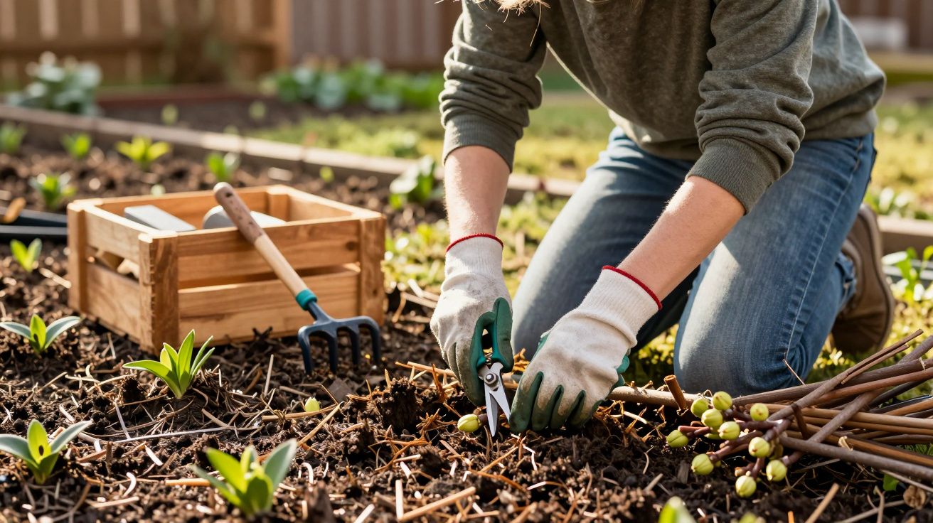 Pessoa com luvas fazendo jardinagem, cortando galhos em um jardim com plantas jovens ao redor.
