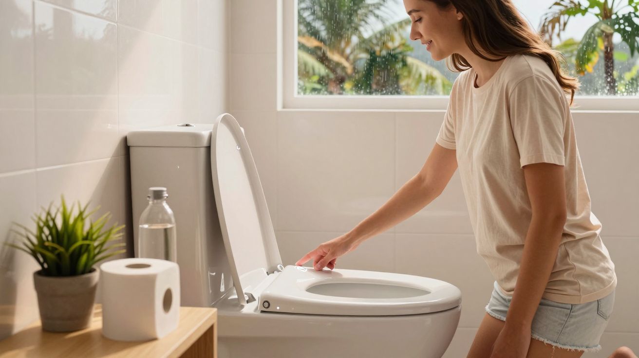 Mulher abrindo tampa de vaso sanitário em banheiro claro com janela e planta.