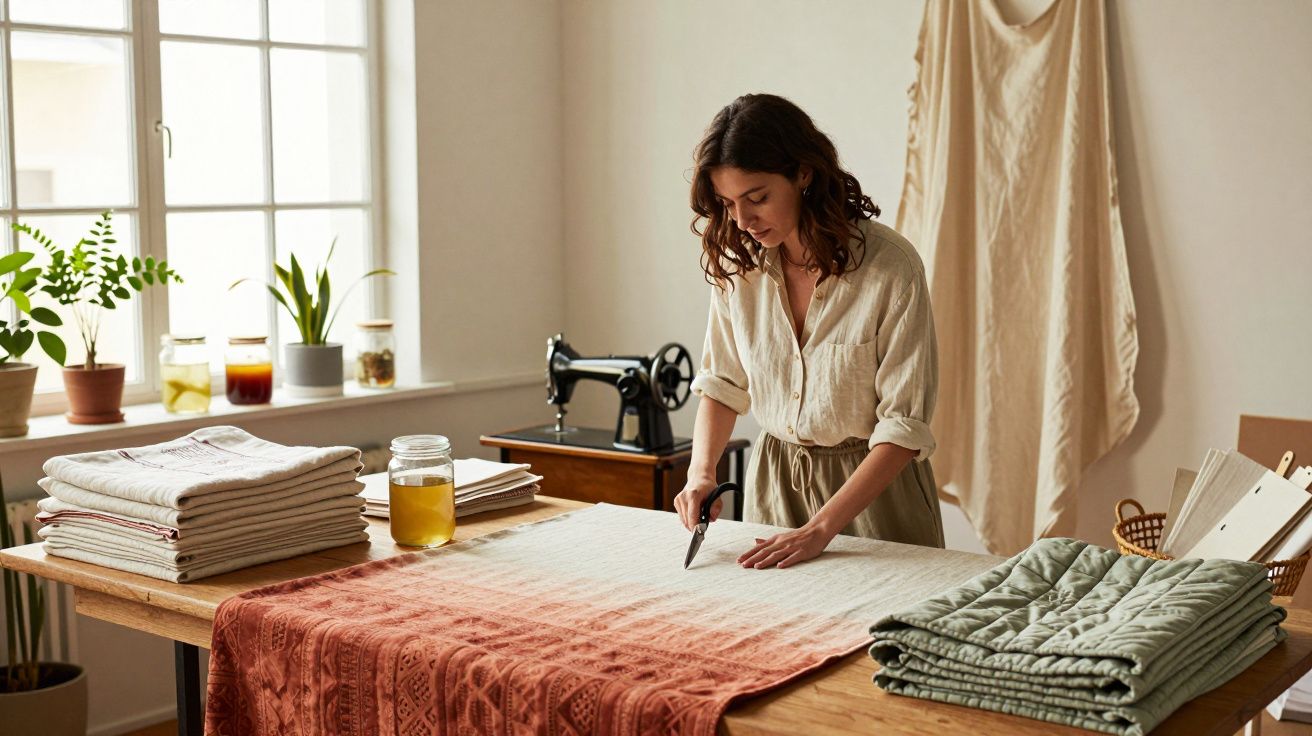 Mulher cortando tecido em uma mesa grande em ambiente iluminado com máquina de costura ao fundo.