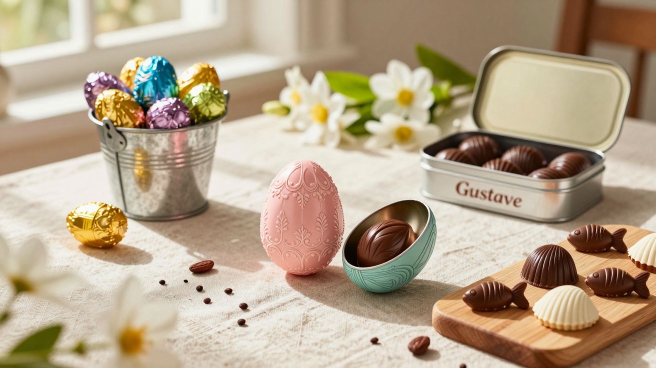 Ovos de Páscoa decorados e chocolates variados sobre mesa ao lado de flores brancas.