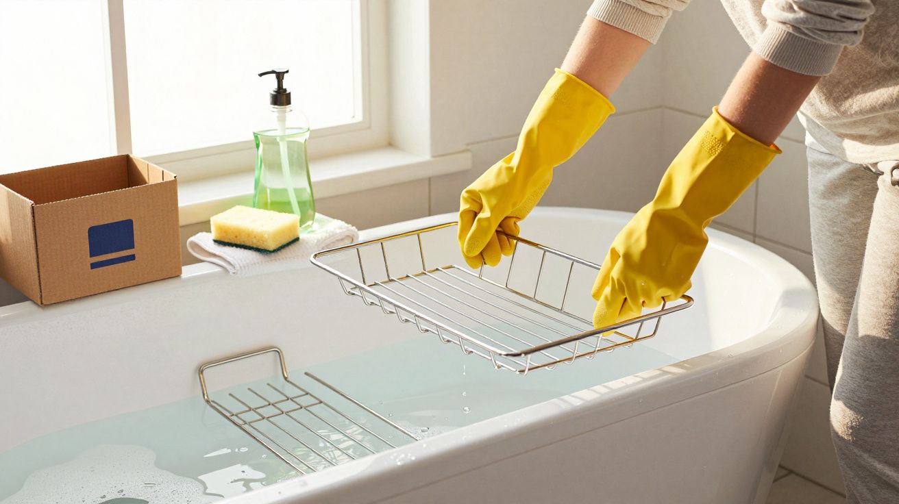Pessoa usando luvas amarelas retirando organização de metal da banheira cheia de água em banheiro iluminado.