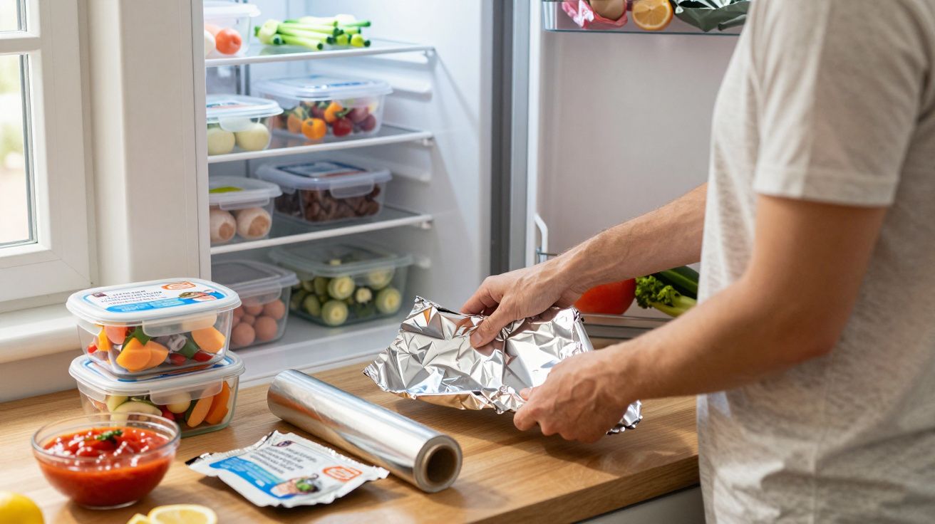 Pessoa embrulhando alimento com papel alumínio em cozinha com geladeira aberta ao fundo.