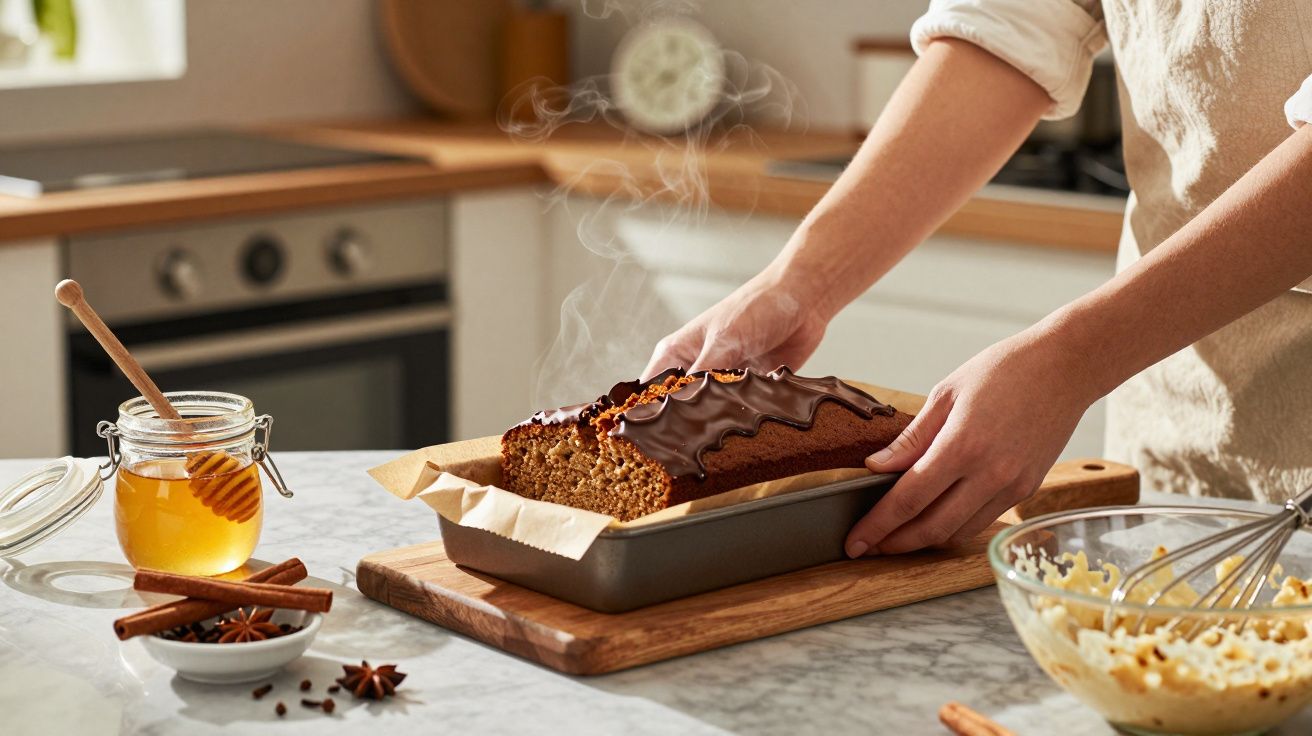 Pessoa segurando bolo com cobertura de chocolate quente recém-saído do forno em cozinha iluminada.
