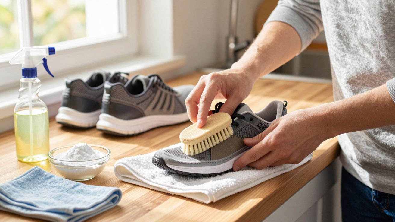 Pessoa limpando tênis cinza com escova sobre toalha branca em bancada de madeira.