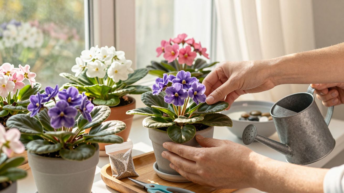 Pessoa cuidando de vasos com violetas coloridas em janela iluminada, regando as plantas com regador metálico.
