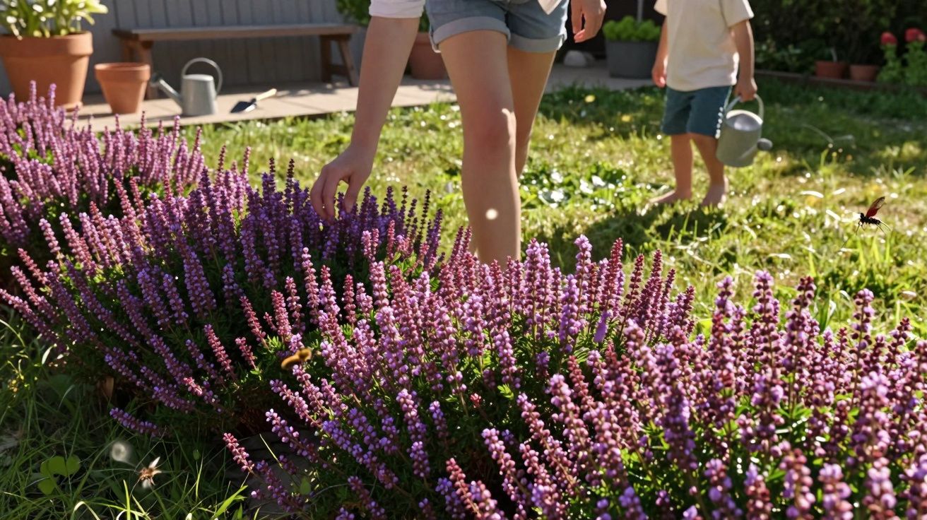 Pessoa tocando flores roxas no jardim, criança ao fundo segurando regador e plantas ao redor.