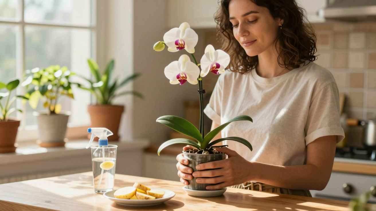 Mulher sorrindo enquanto cuida de orquídea branca em vaso na cozinha iluminada pelo sol.