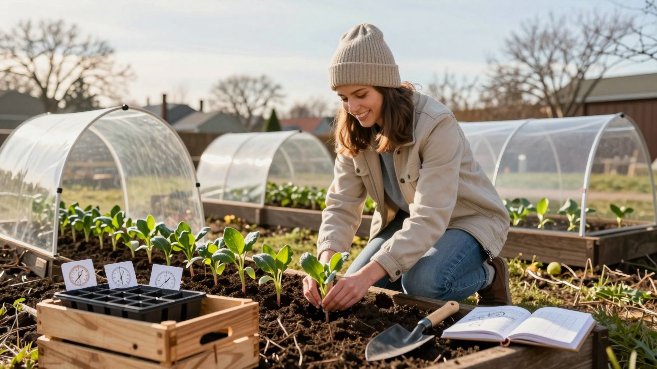 Mulher plantando mudas em canteiros elevados com estufas transparentes em jardim ao ar livre.