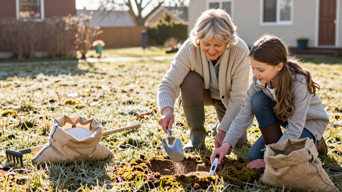 Mulher idosa e menina plantando juntas em jardim com ferramentas e sacos de terra ao redor.