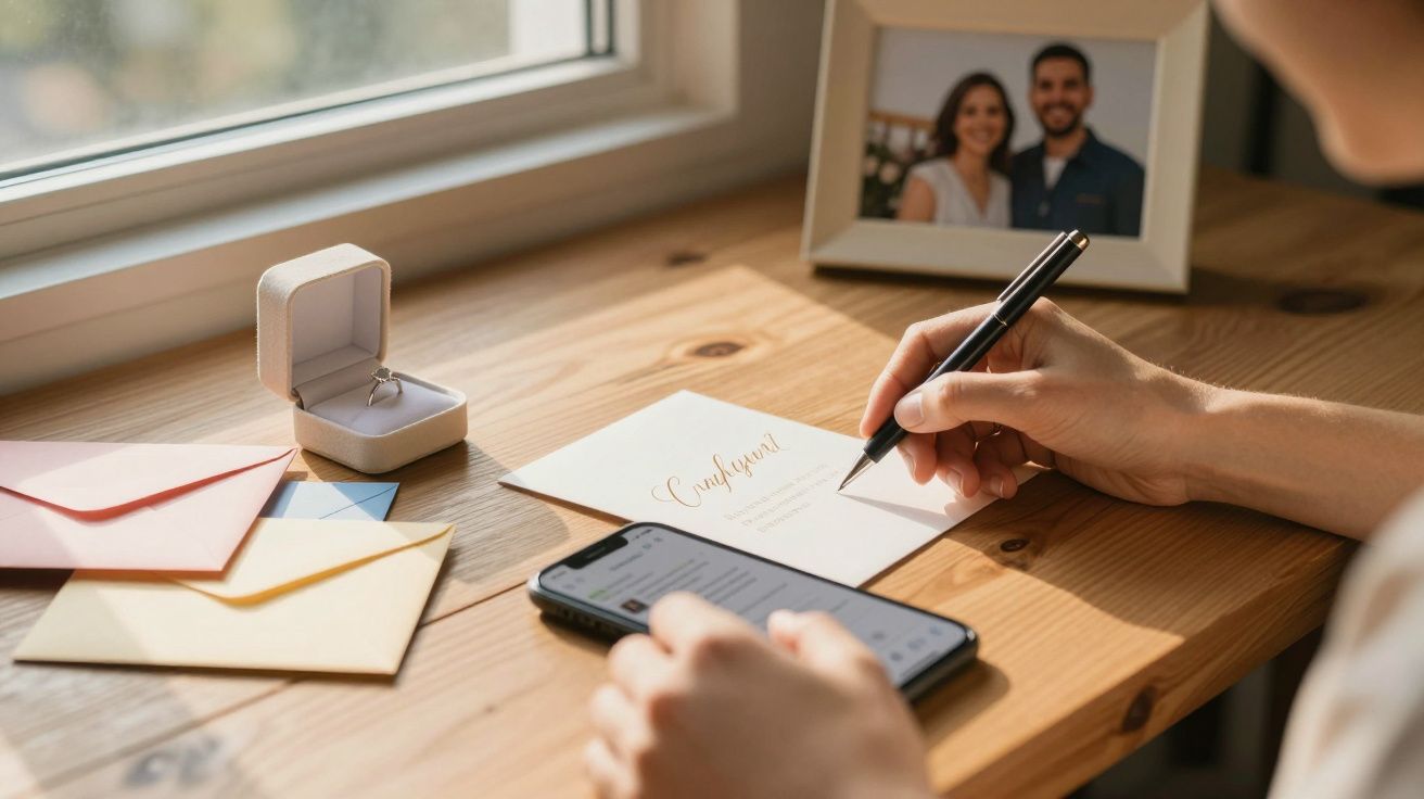 Pessoa escrevendo convite de casamento próximo a anel de noivado em caixa, celular e foto de casal sobre mesa de madeira.