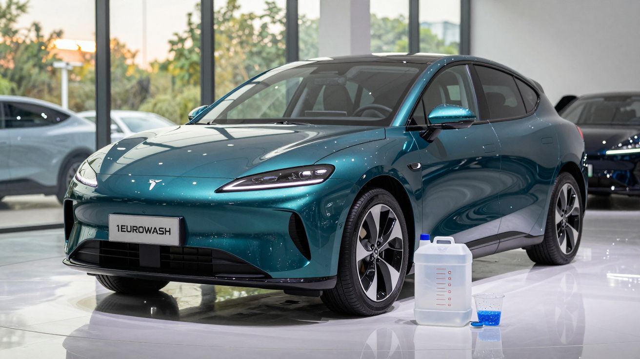 Carro elétrico Tesla azul exposto em showroom com galão e copo de líquido azul ao lado.