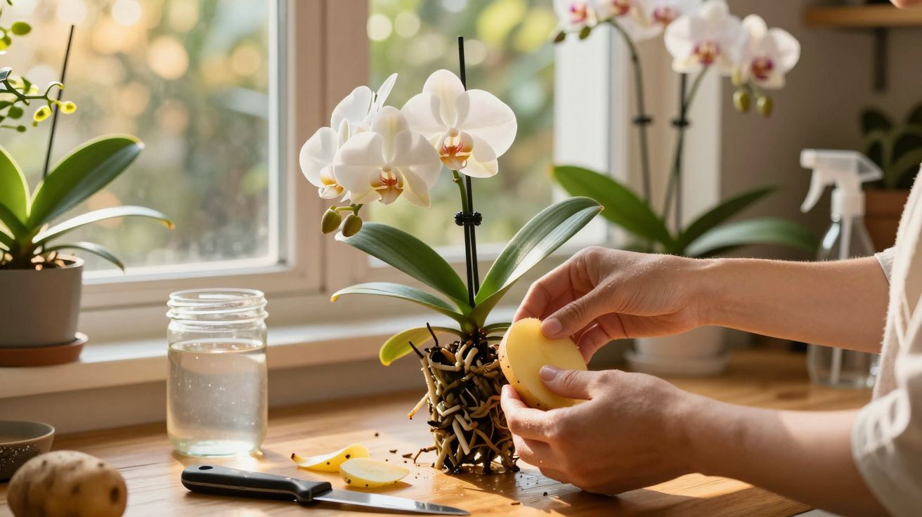 Pessoa preparando orquídea branca para plantio em ambiente interno com janela e utensílios domésticos ao fundo.