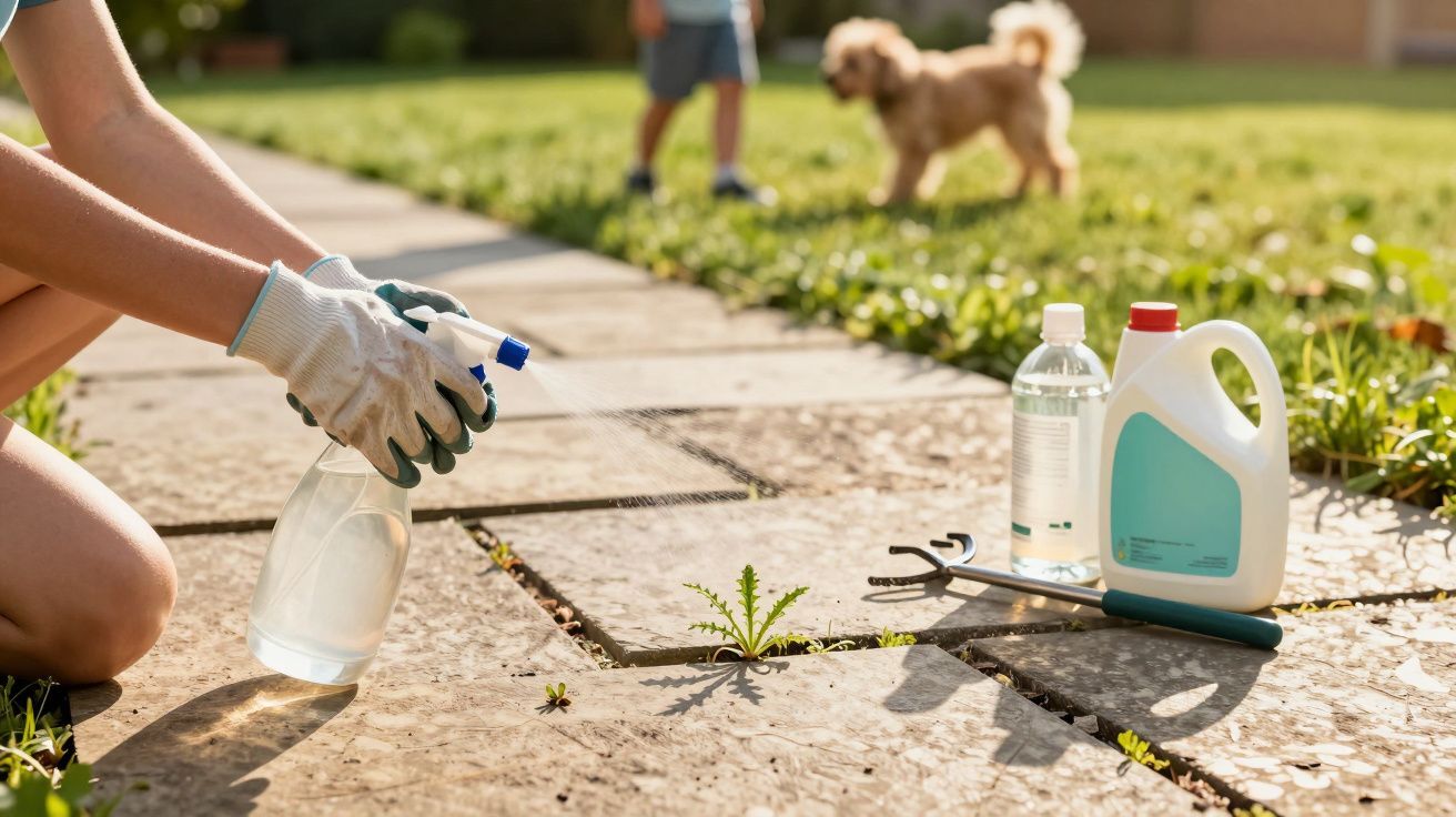 Pessoa aplicando herbicida em planta daninha no chão de pedra, com cão e criança ao fundo.