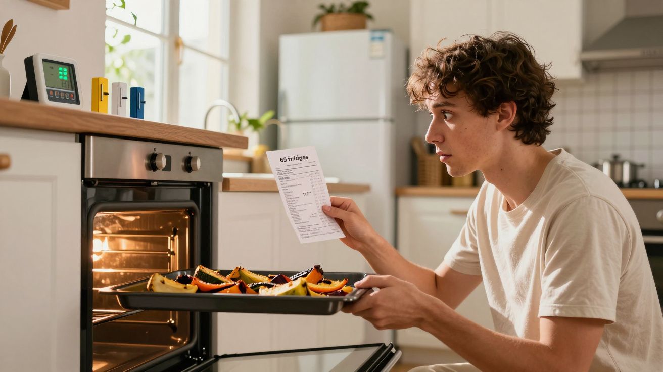 Jovem colocando assadeira com legumes no forno, segurando receita em cozinha iluminada.