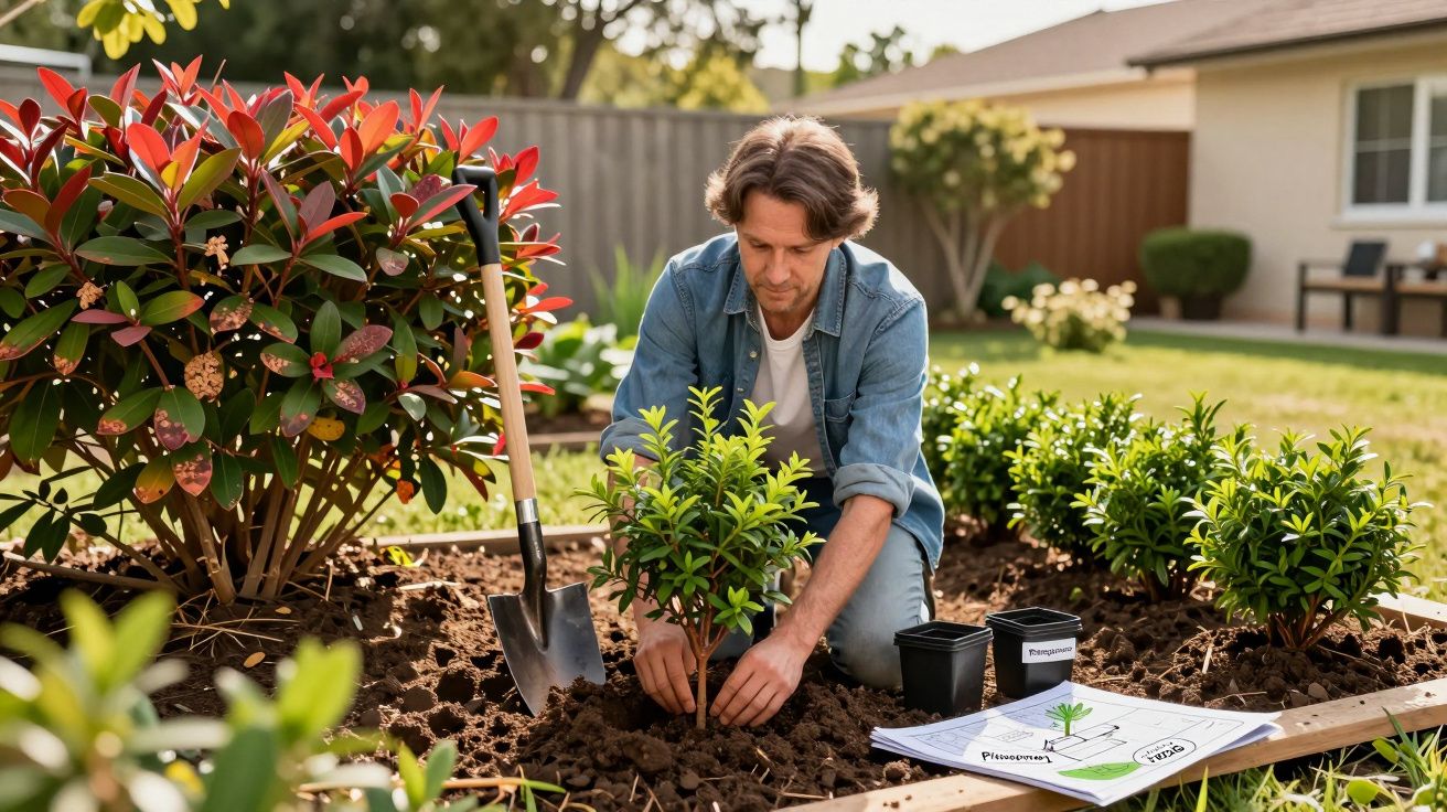 Homem plantando uma muda em canteiro de jardim com pá ao lado e plantações ao redor.