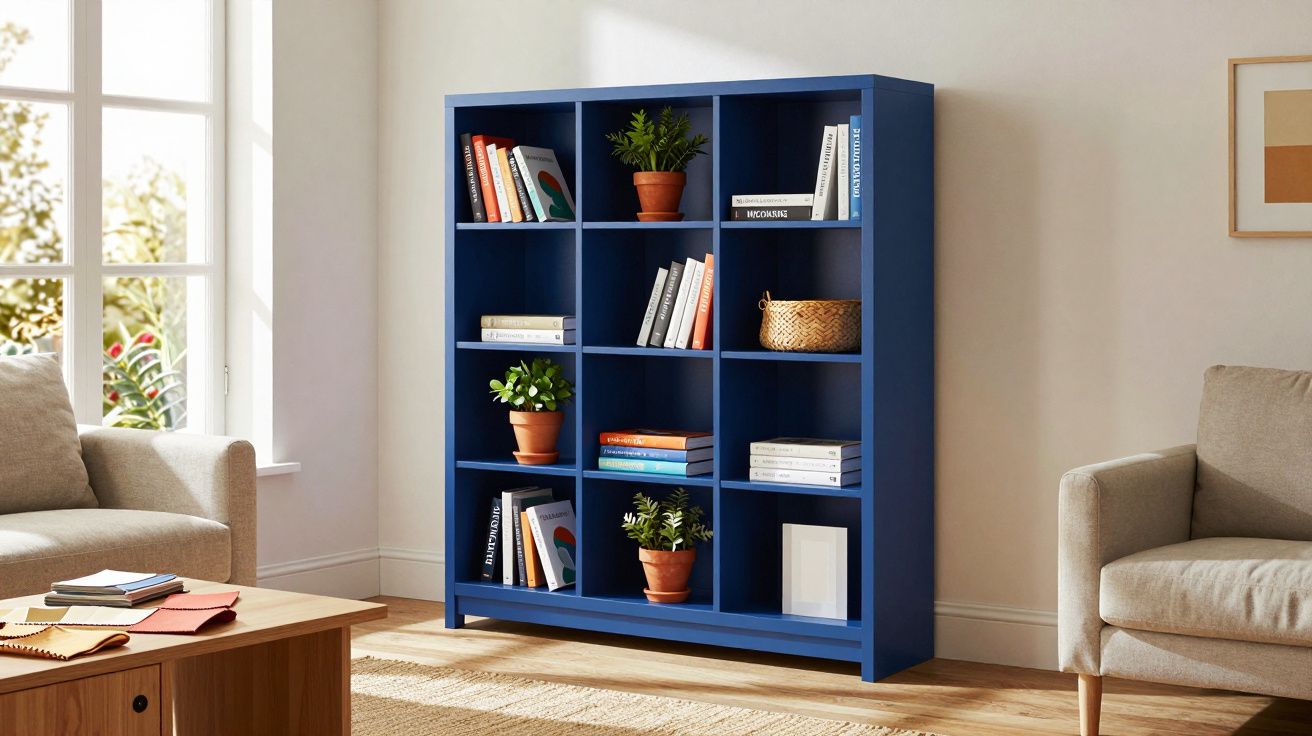 Estante azul com livros, plantas e um cesto, entre duas poltronas em sala iluminada natural.