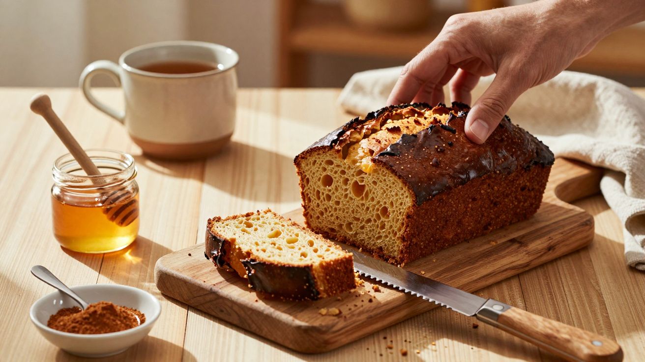 Pão caseiro fatiado sobre tábua de madeira, com mel, canela, xícara de chá e mão segurando o pão.