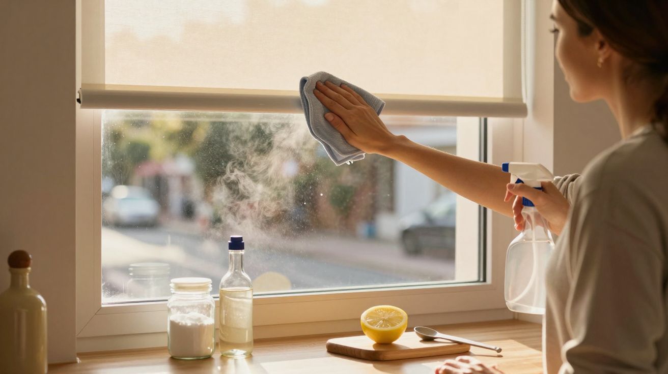 Pessoa limpando janela com pano e borrifador, com limão e utensílios na bancada em ambiente iluminado.