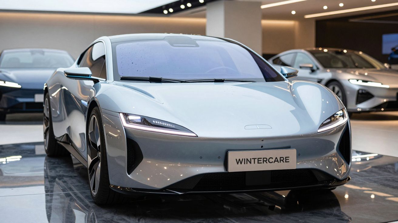 Carro esportivo elétrico prata exibido em showroom moderno com iluminação suave e carros ao fundo.