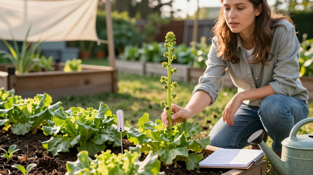 Mulher observa planta alta em canteiro de jardim, com regador e caderno ao lado.