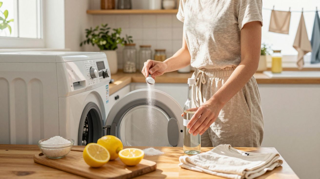Pessoa adicionando sabão em pó em máquina de lavar com frutas cítricas e roupa branca na cozinha.