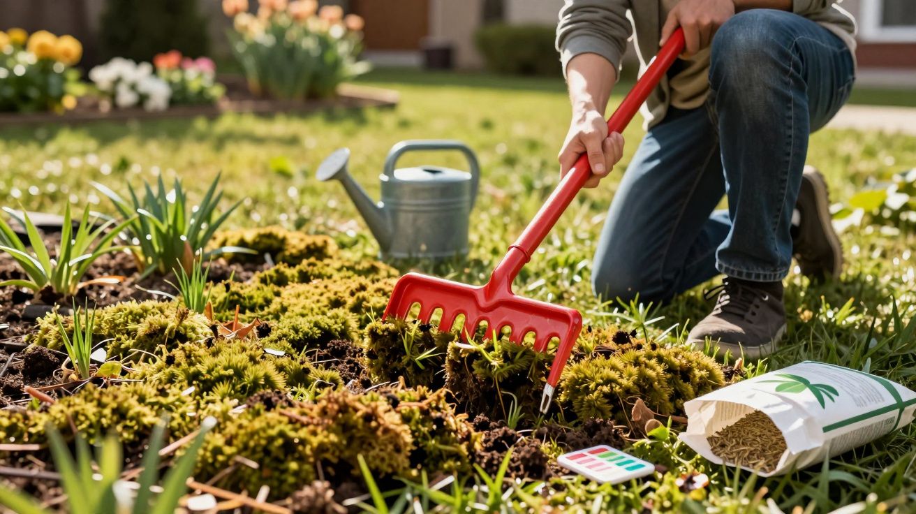 Pessoa usando um ancinho vermelho para cuidar do jardim com regador e saco de fertilizante ao lado.