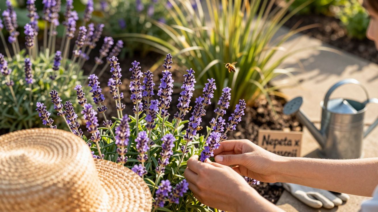 Pessoa cuidando de flores roxas em jardim com chapéu de palha e regador ao fundo.