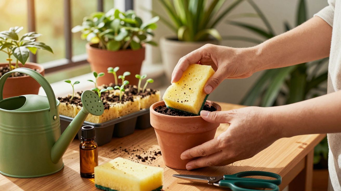Pessoa usando esponja para regar planta em vaso de cerâmica na mesa com regador e ferramentas de jardinagem.