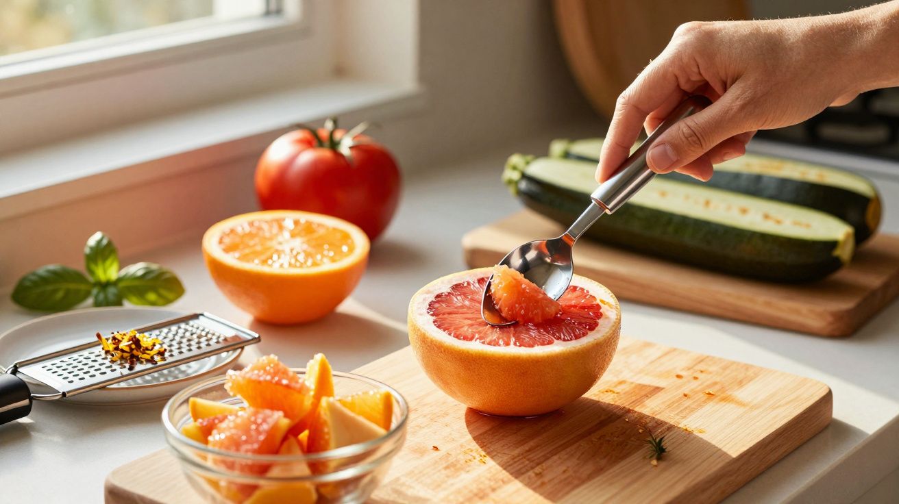 Pessoa retirando polpa de grapefruit com colher em cozinha com frutas e legumes frescos.