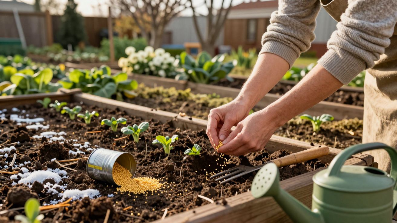Pessoa semeando sementes em canteiro com plantas jovens em jardim ensolarado.