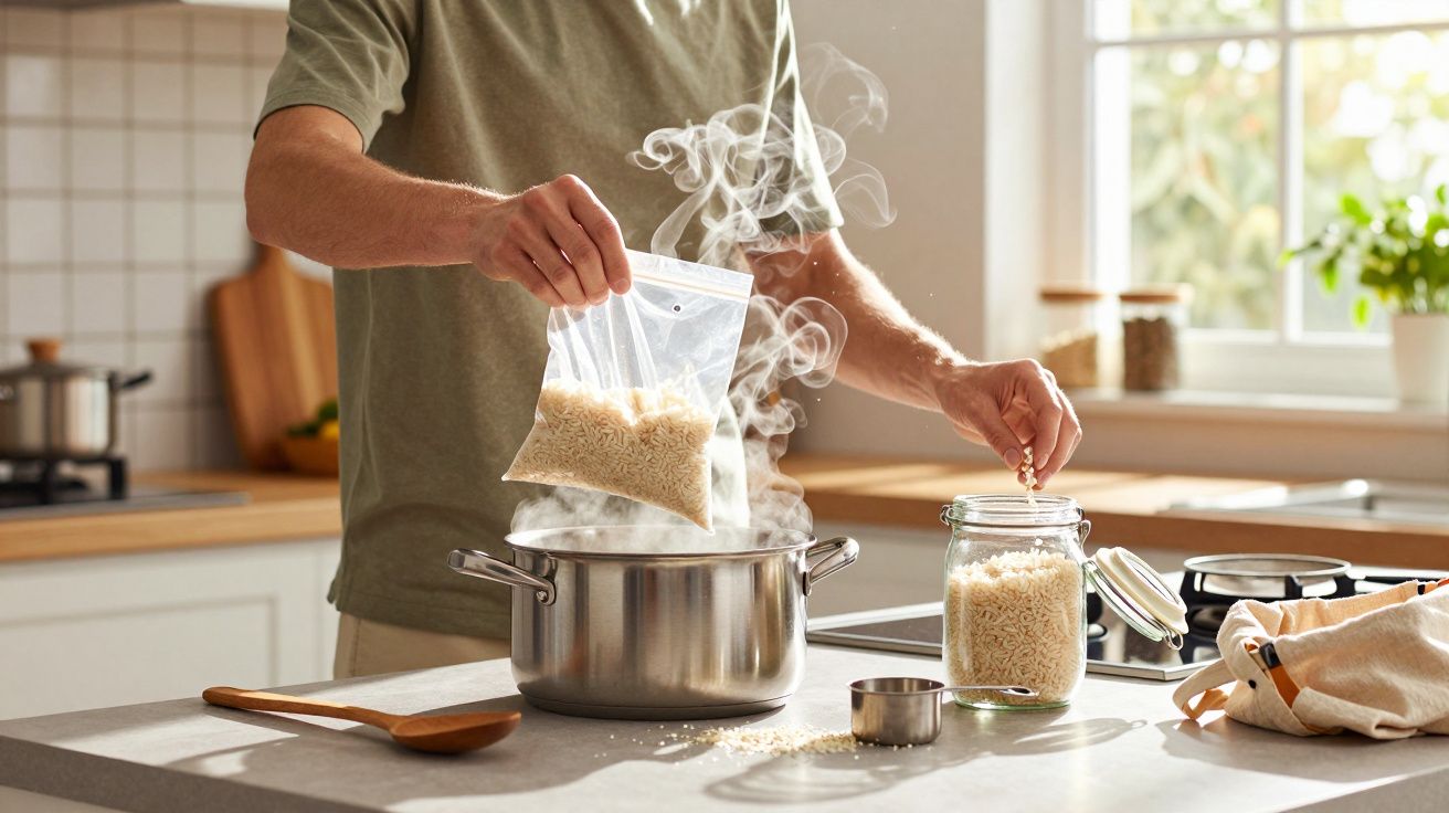 Pessoa adicionando arroz de saco plástico em panela com vapor na cozinha iluminada.