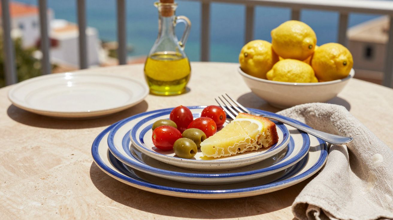 Mesa ao ar livre com prato contendo torta de limão, tomates cereja, azeitonas e azeite ao fundo com tigela de limões.