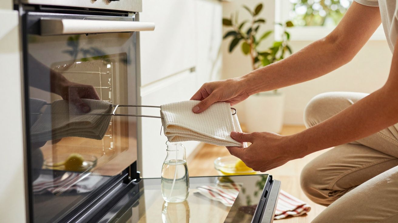 Pessoa segurando pano ao abrir forno de cozinha moderno, com planta ao fundo.