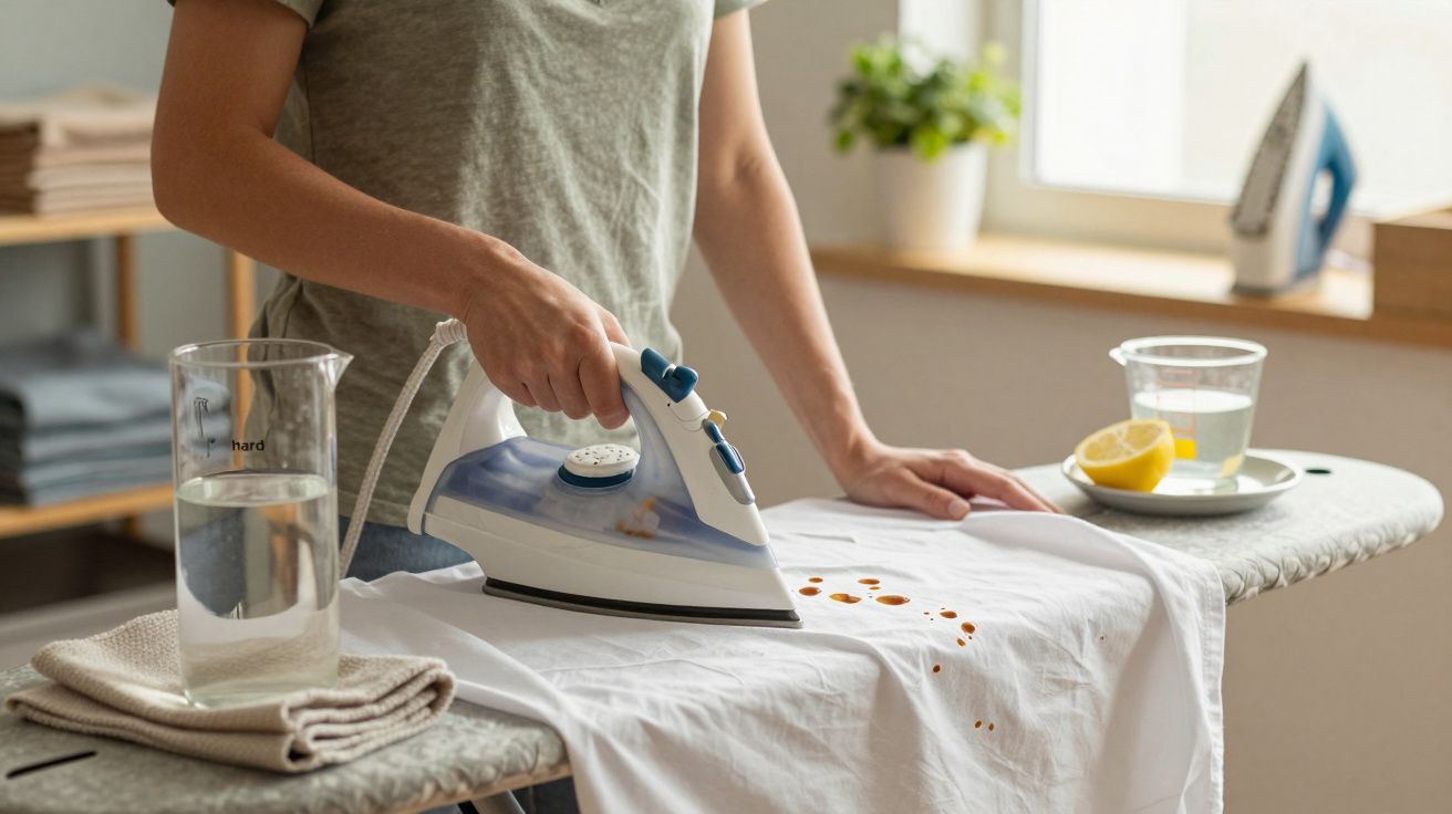Pessoa passando ferro em camiseta branca manchada com líquidos alaranjados em tábua de passar roupa.