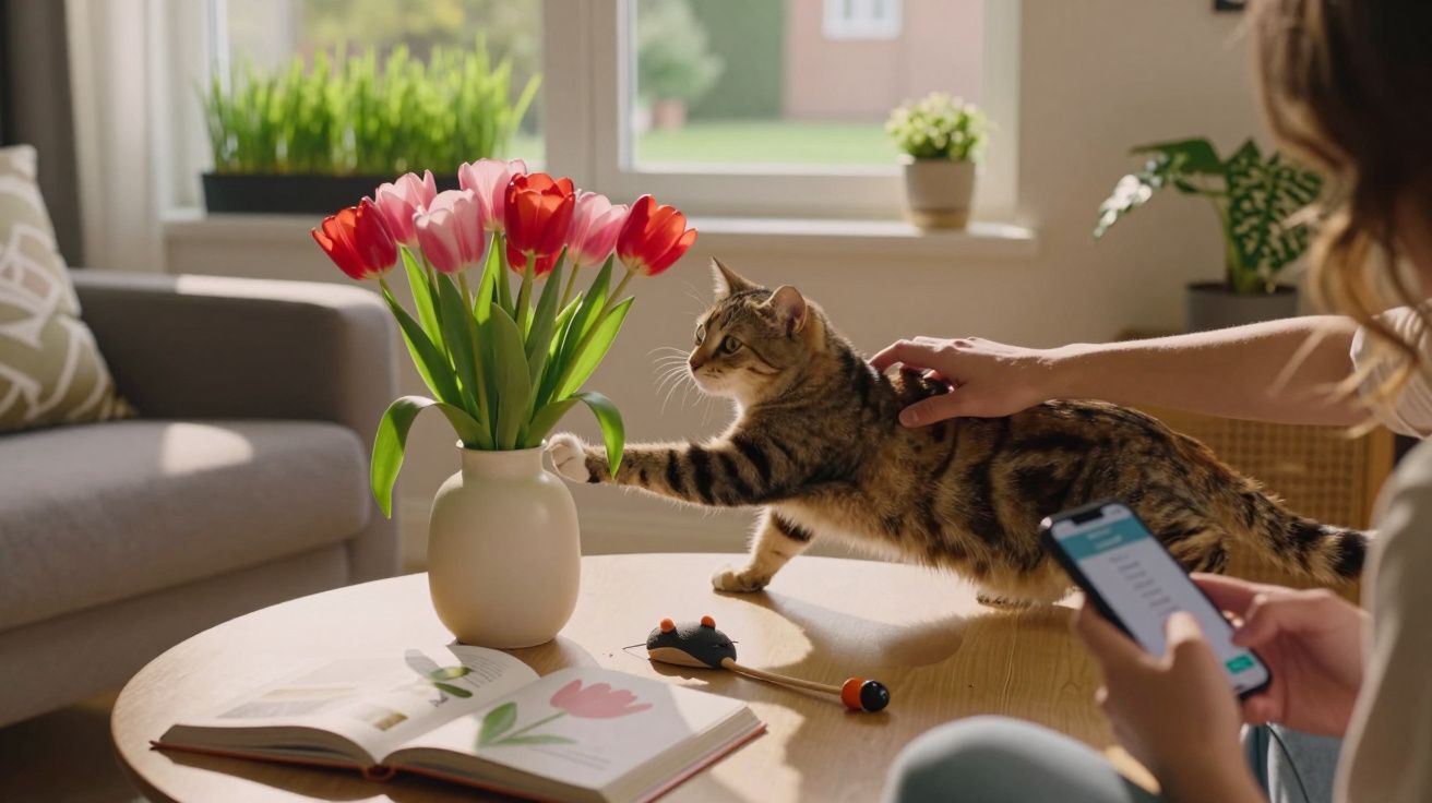 Gato cinza tocando vaso com tulipas vermelhas enquanto pessoa segura celular e o acaricia em sala iluminada.