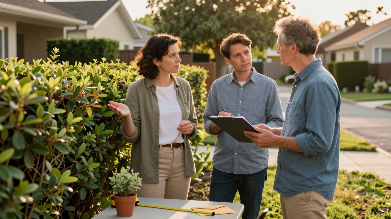 Três pessoas discutindo plantas e medindo cerca viva em área residencial ensolarada.