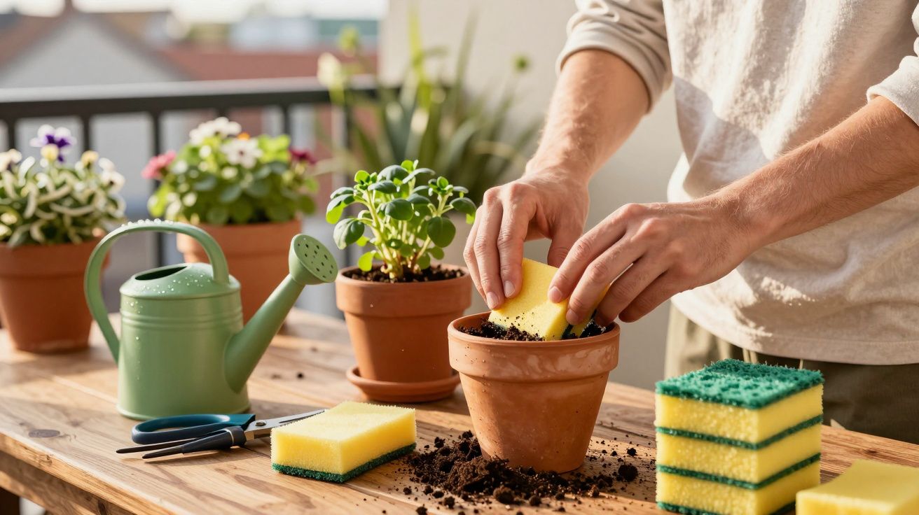 Pessoa plantando em vaso de cerâmica com esponja, mesa com regador, tesoura e outras plantas.