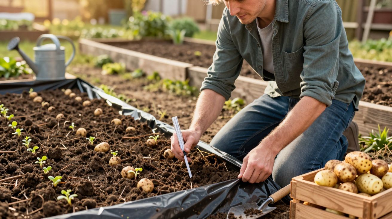 Homem plantando batatas em canteiro revestido com lona preta em horta ao ar livre.