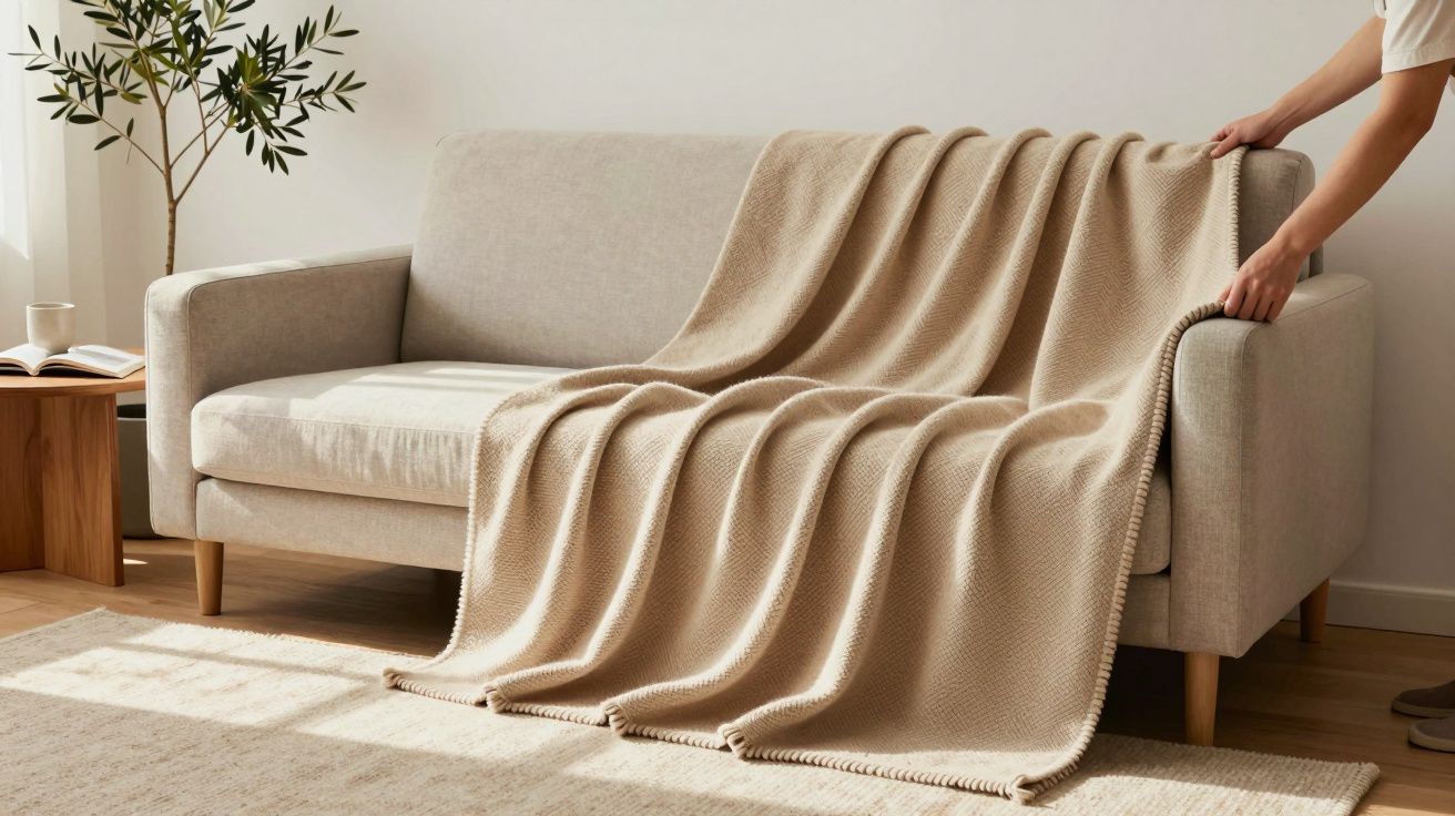 Pessoa arrumando manta bege sobre sofá cinza claro em sala com planta e tapete claros
