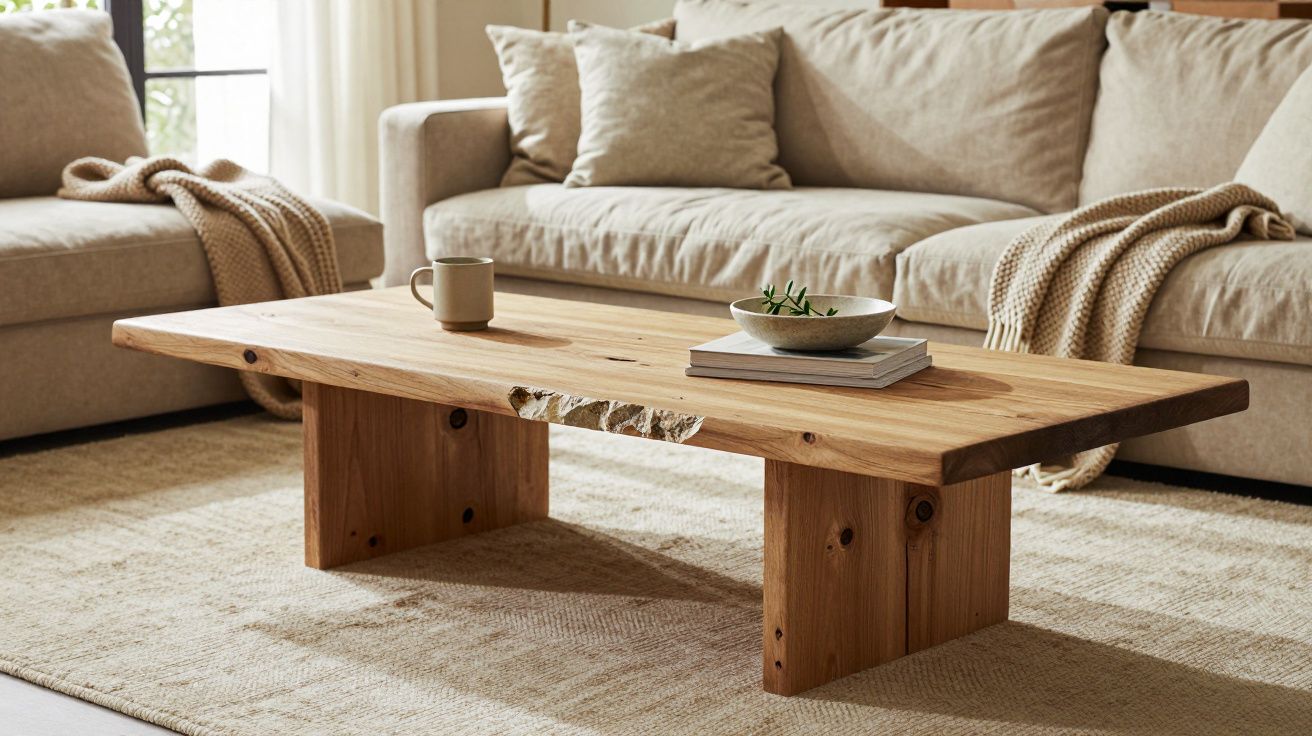 Sala de estar com sofá bege, manta, tapete claro e mesa de centro de madeira natural com decoração minimalista.