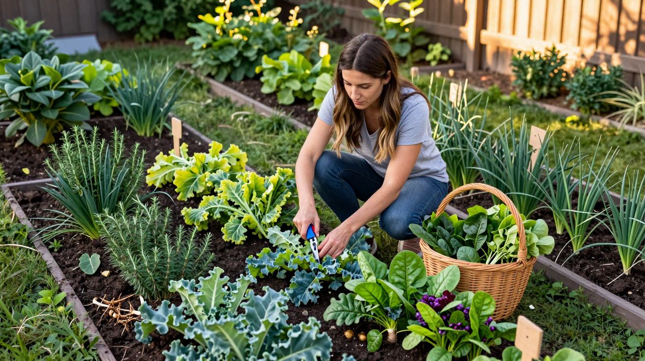Mulher cuidando de hortaliças em canteiro com cesta cheia de verduras ao lado em jardim ensolarado.
